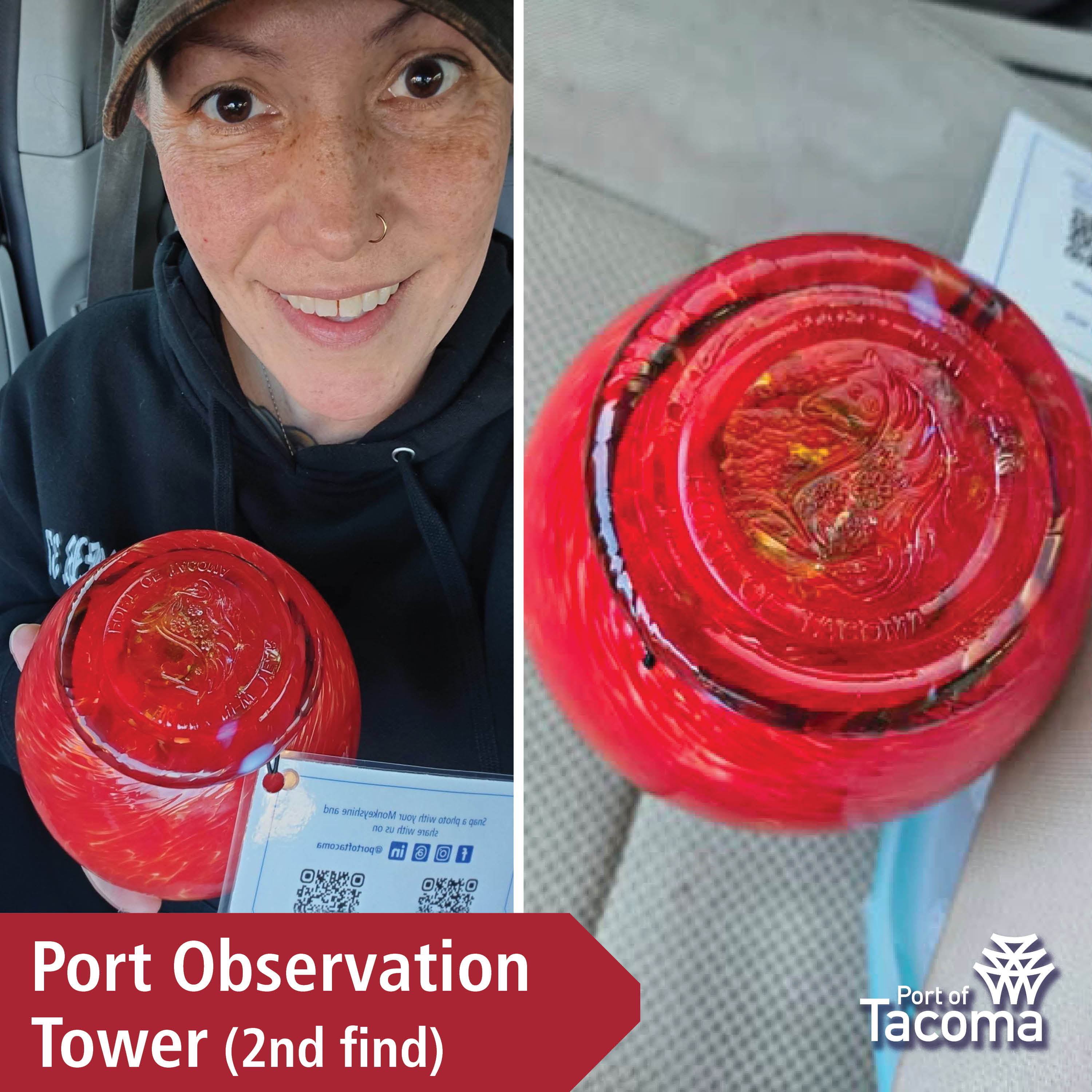 Up close shot of a red Monkeyshines token with the words "Port Observation Tower (2nd find)" typed in the corner